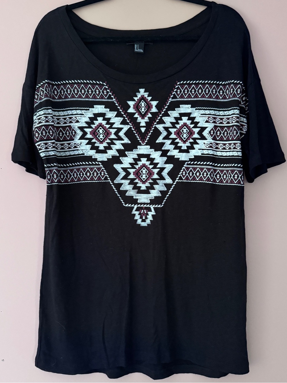 NWOT Black Short-Sleeve Tunic Tee with Aztec Embroidery
